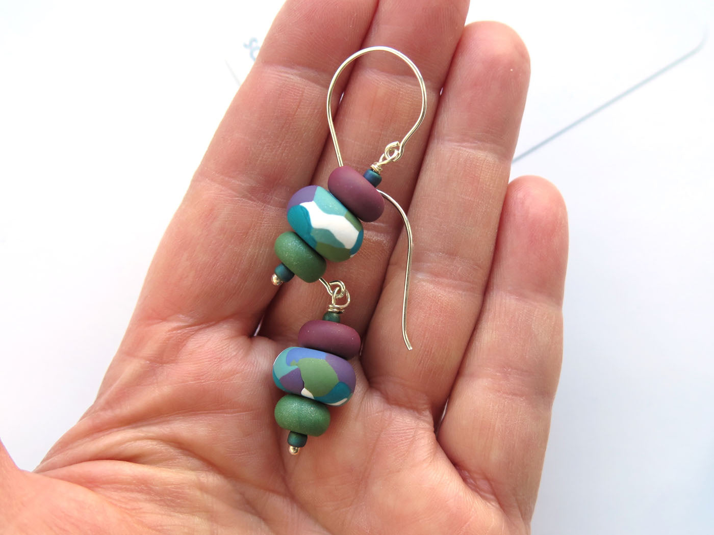 Kaleidoscope olive and plum beaded drop Polymer Clay earrings