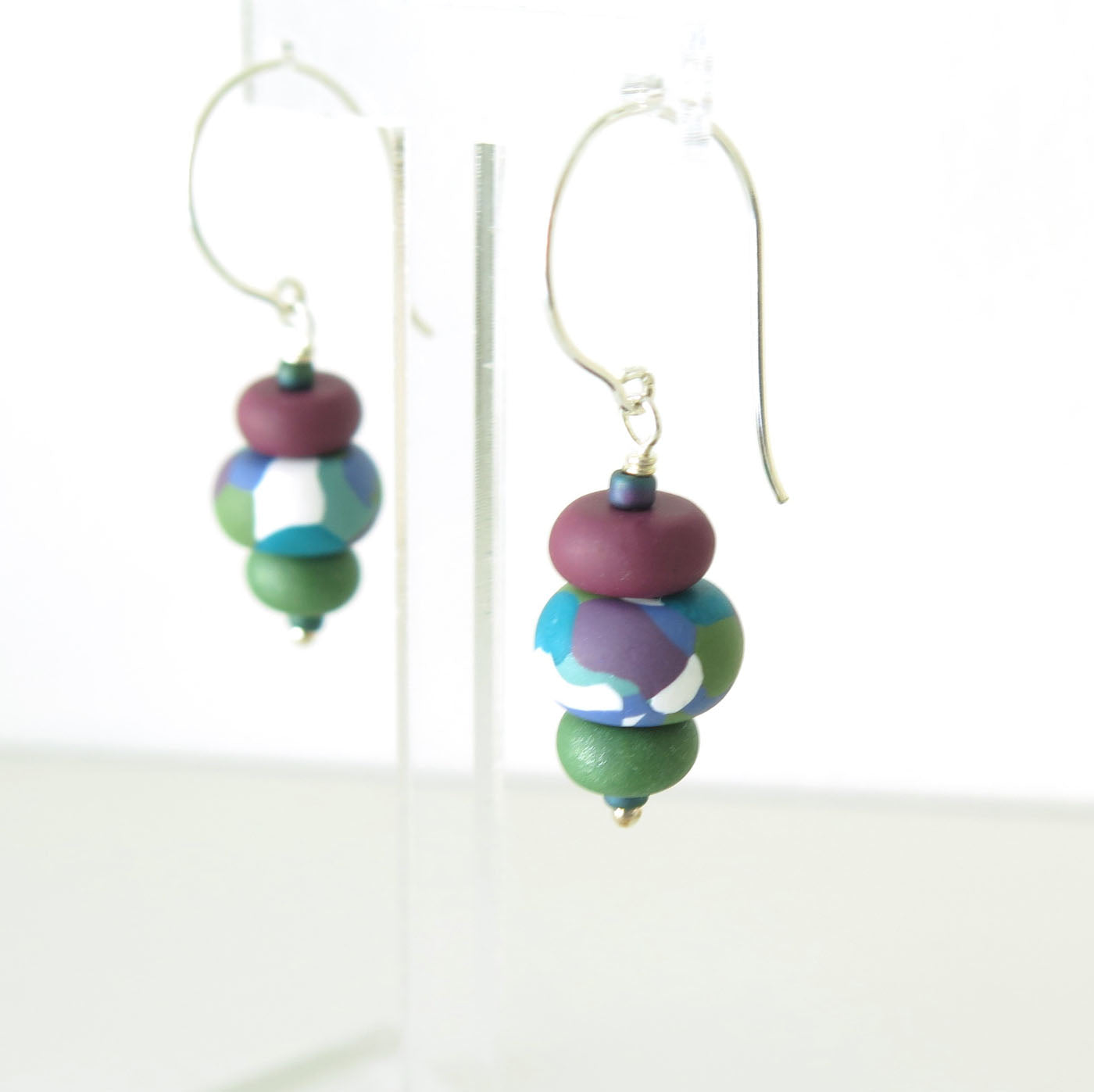 Kaleidoscope olive and plum beaded drop Polymer Clay earrings