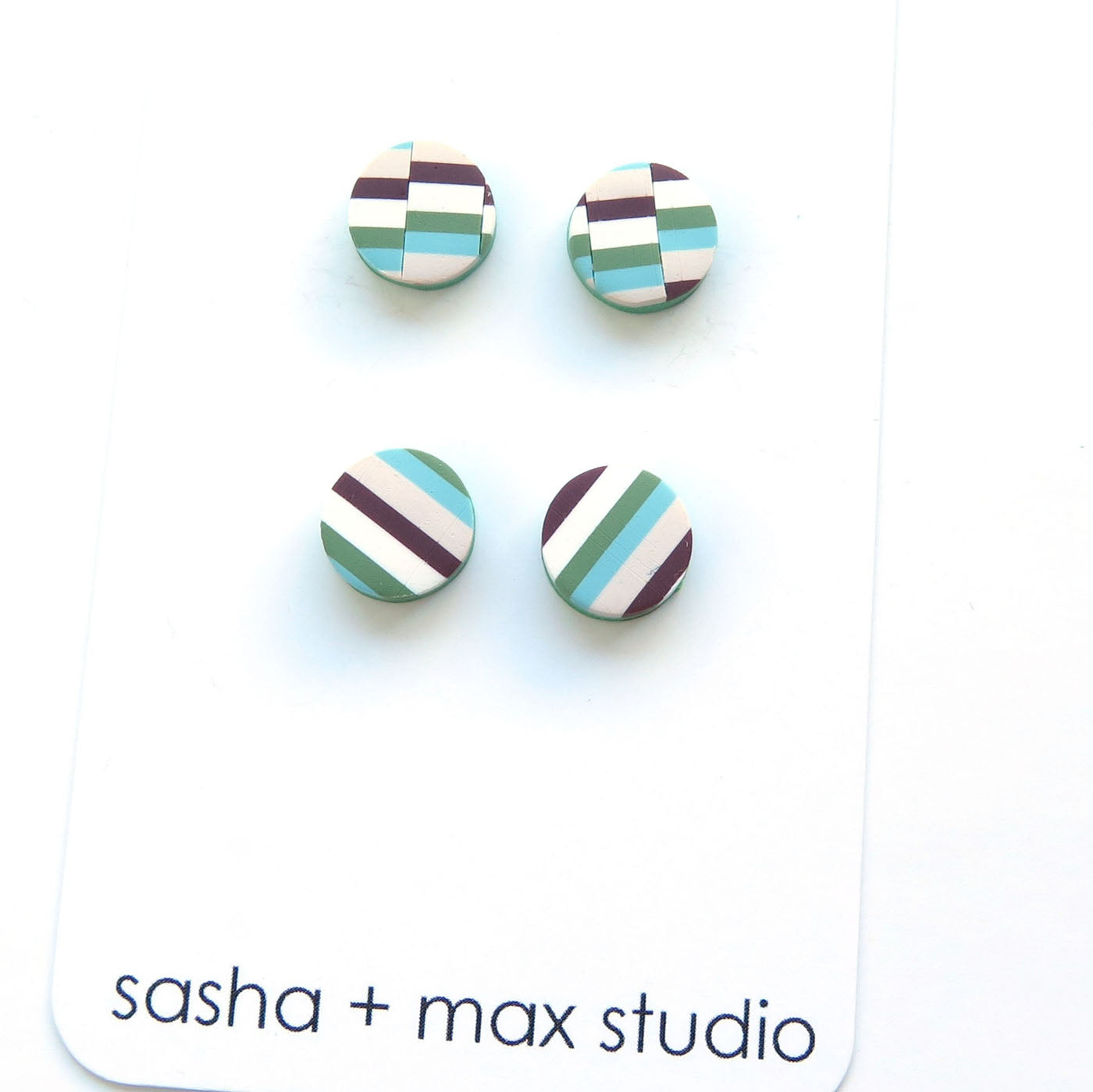 Bargello quilt and stripe mini green stud pack Polymer Clay earrings