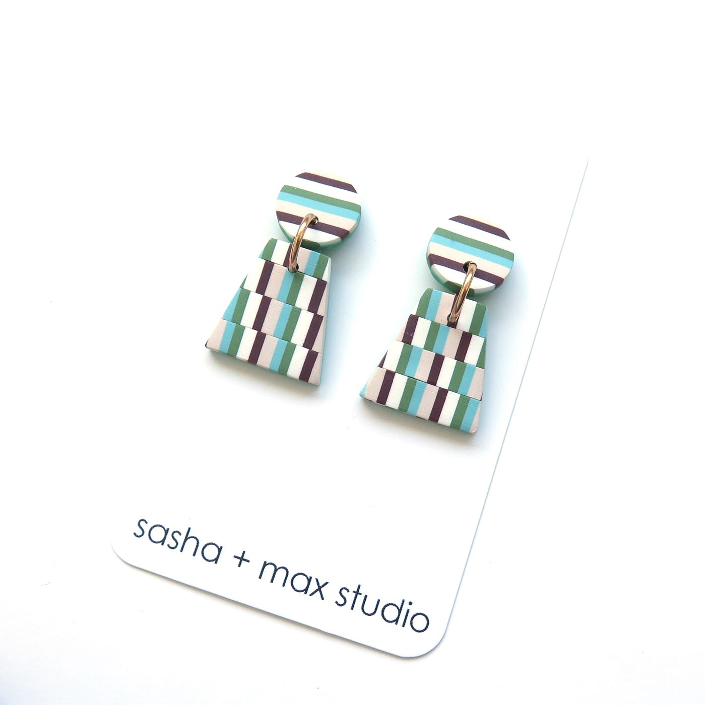 Bargello quilt green pink blue triangle earrings