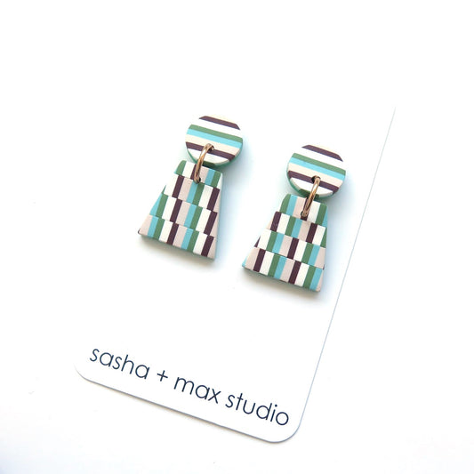 Bargello quilt green pink blue triangle earrings