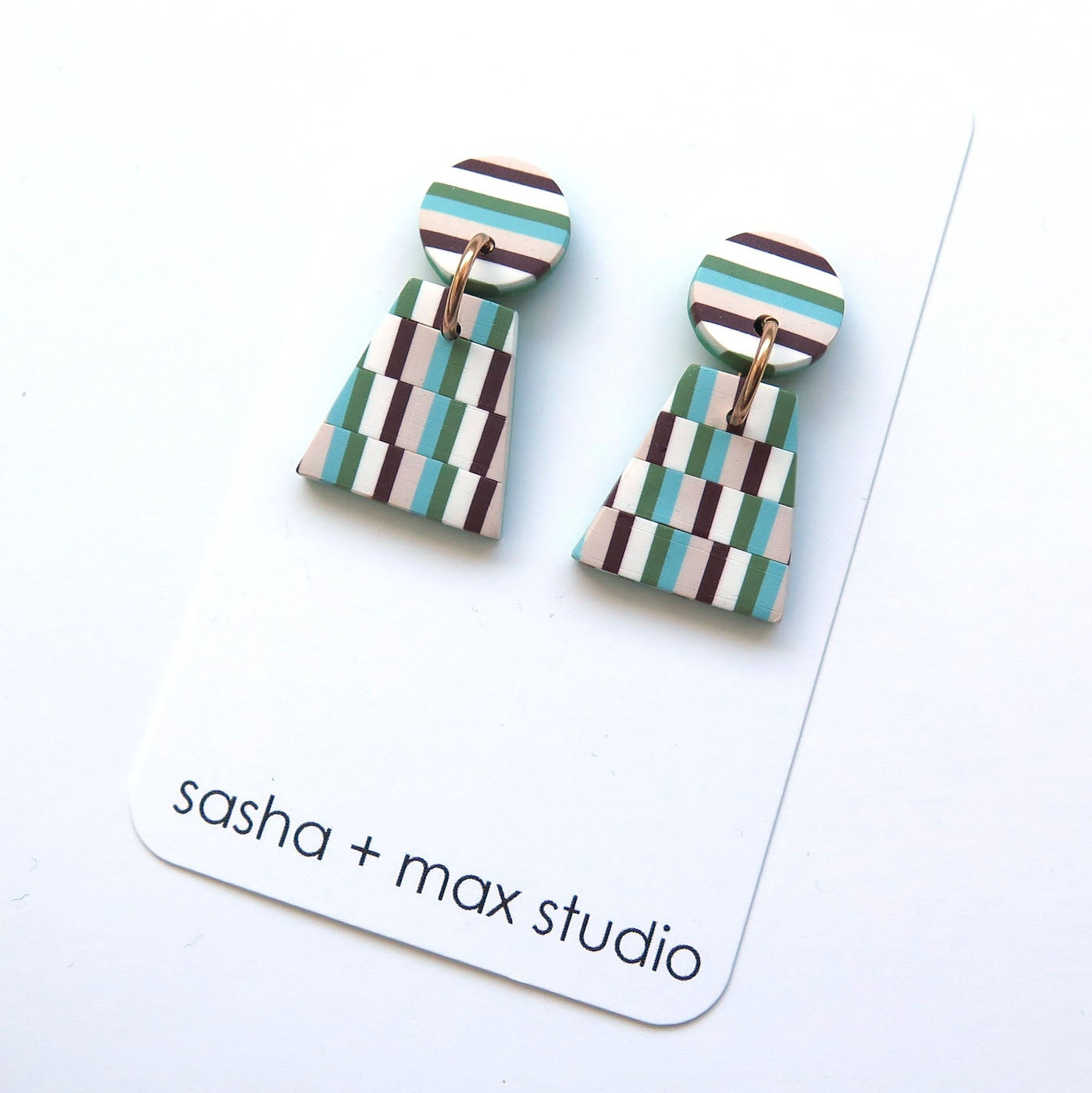 Bargello quilt green pink blue triangle earrings