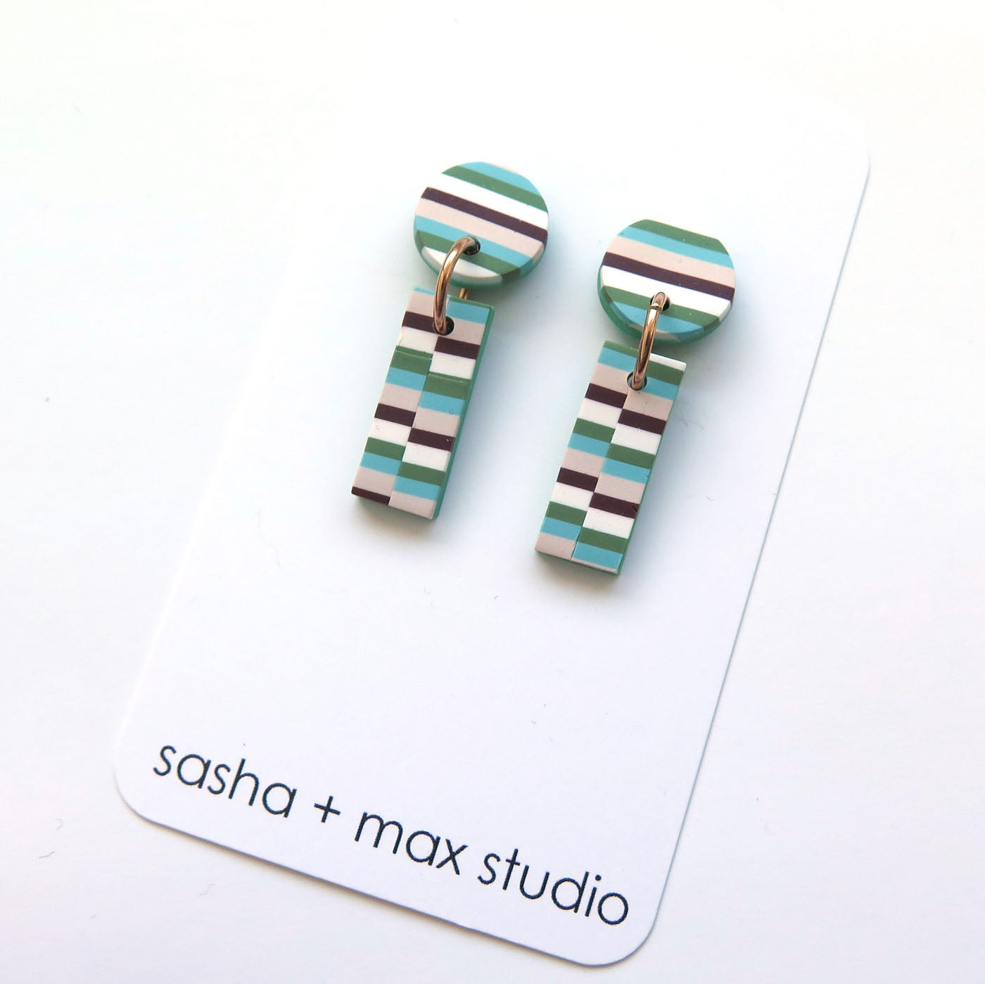 Bargello quilt green drop rectangle earrings