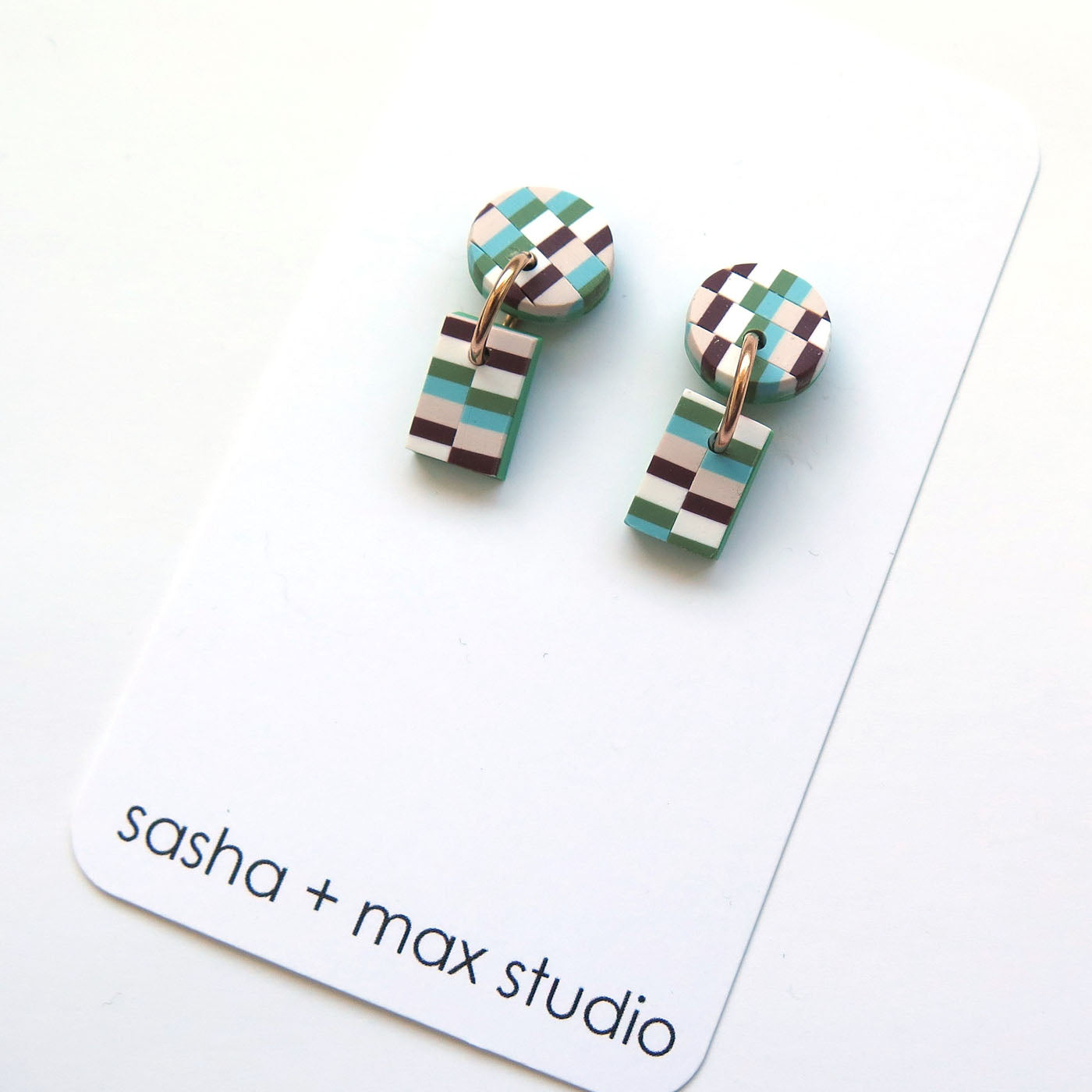 Bargello quilt green mini drop Polymer Clay rectangle earrings