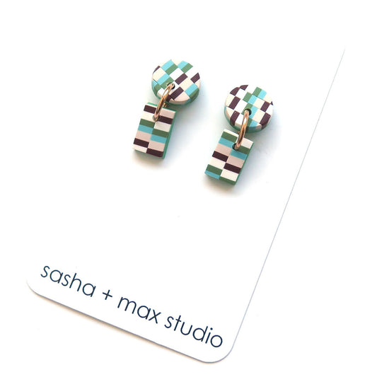 Bargello quilt green mini drop Polymer Clay rectangle earrings