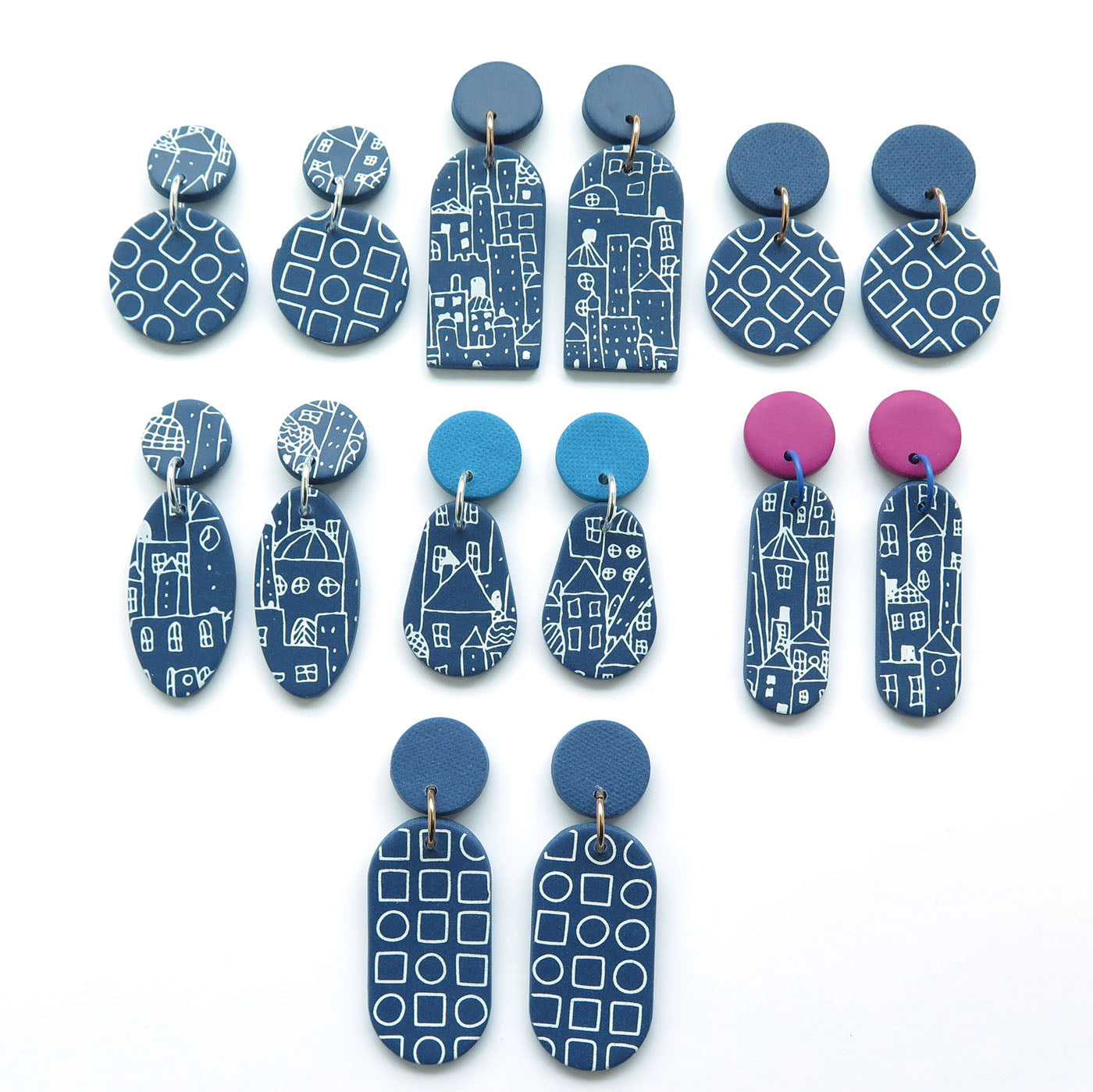 Blueprint Dots Arch blue and white Polymer Clay earrings