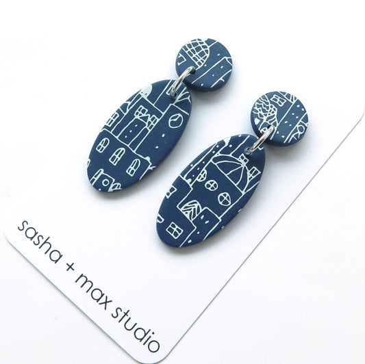 Blueprint Buildings Oval blue and white Polymer Clay earrings