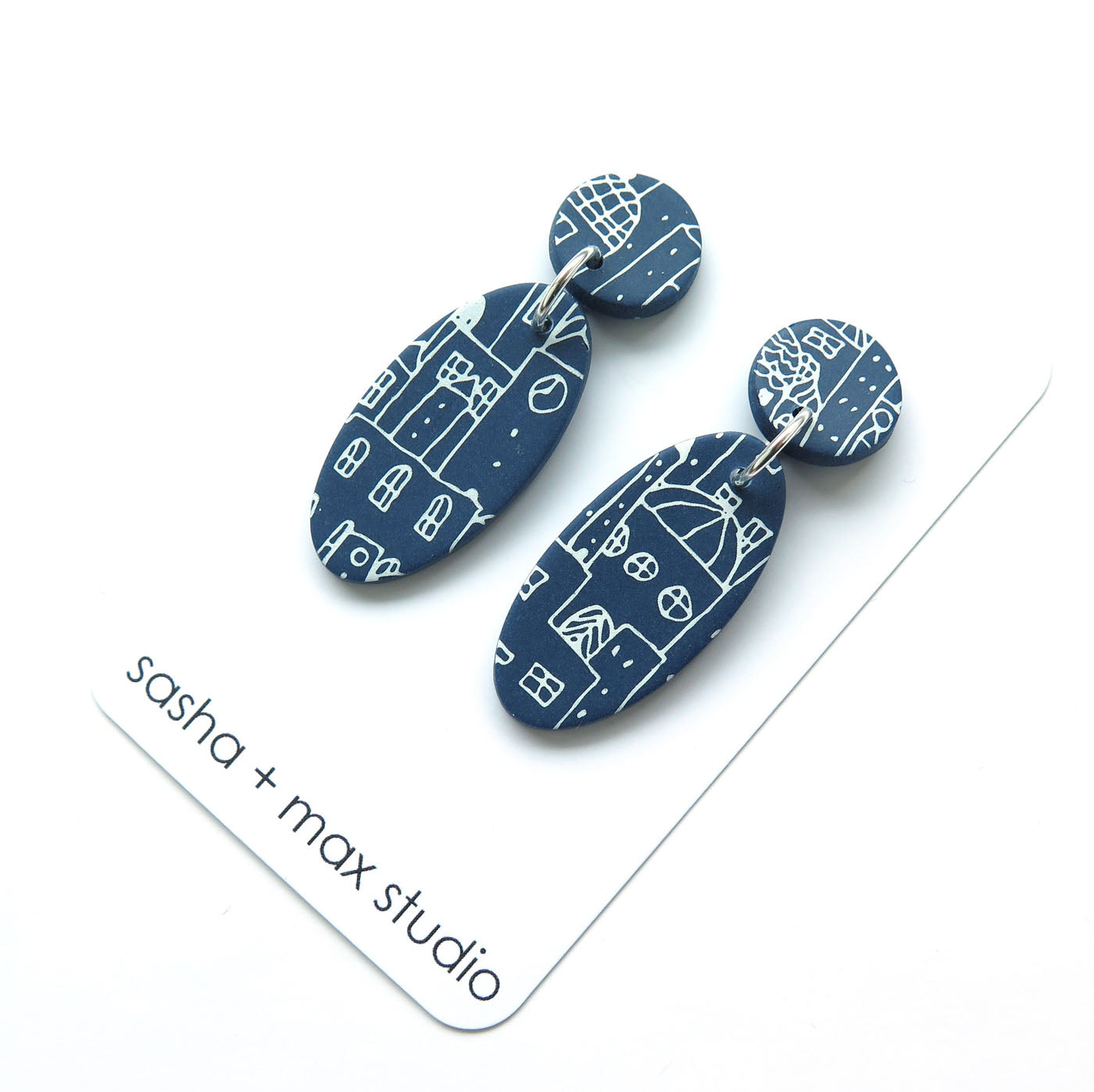 Blueprint Buildings Oval blue and white Polymer Clay earrings