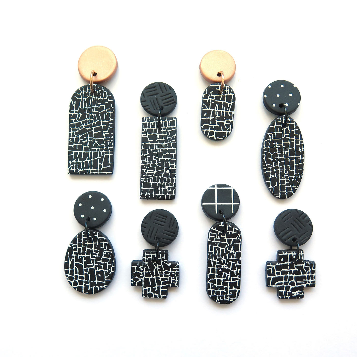 Crackle Black and White Statement Polymer Clay Earrings - Cross drop