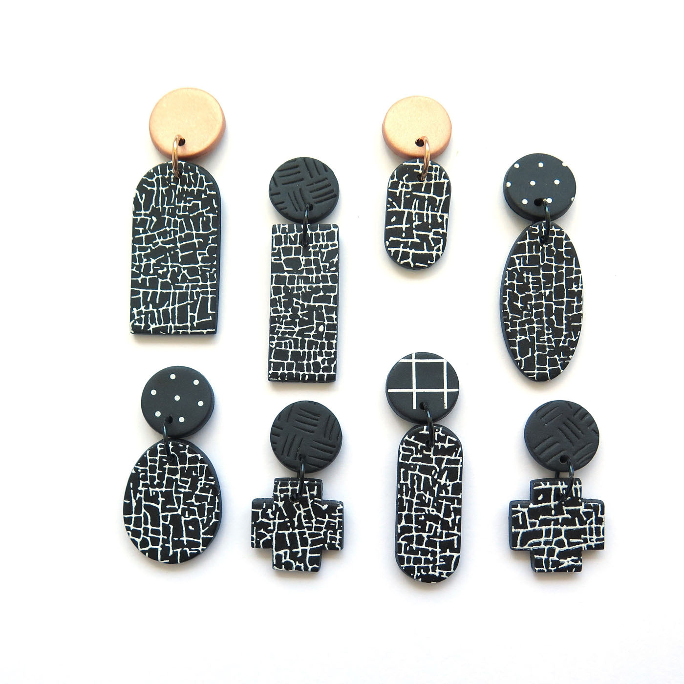 Crackle Black and White Statement Polymer Clay Earrings - Oval drop