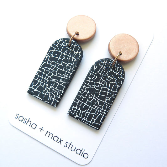 Crackle Arch Black and White Statement Earrings - Drop arch