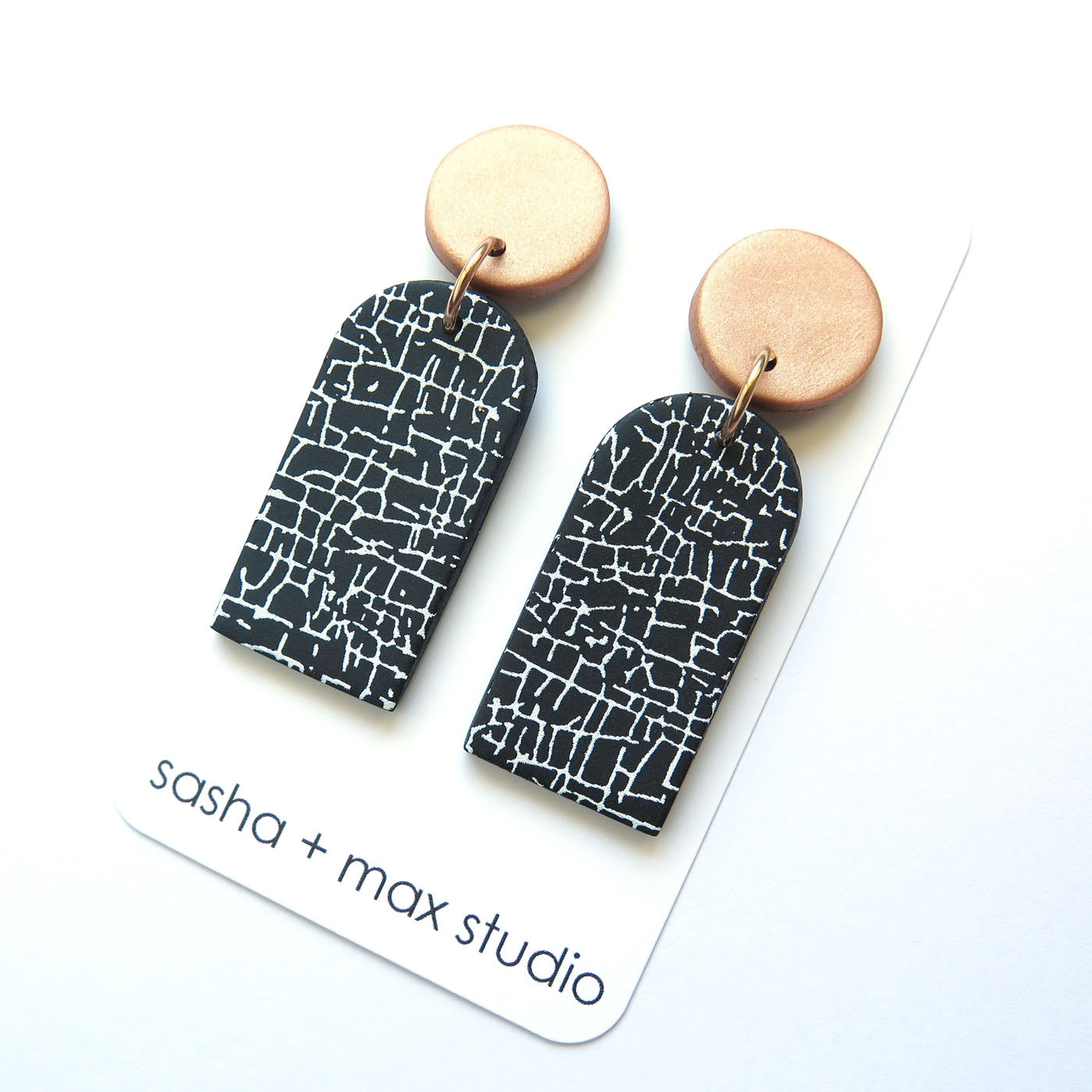 Crackle Arch Black and White Statement Earrings - Drop arch