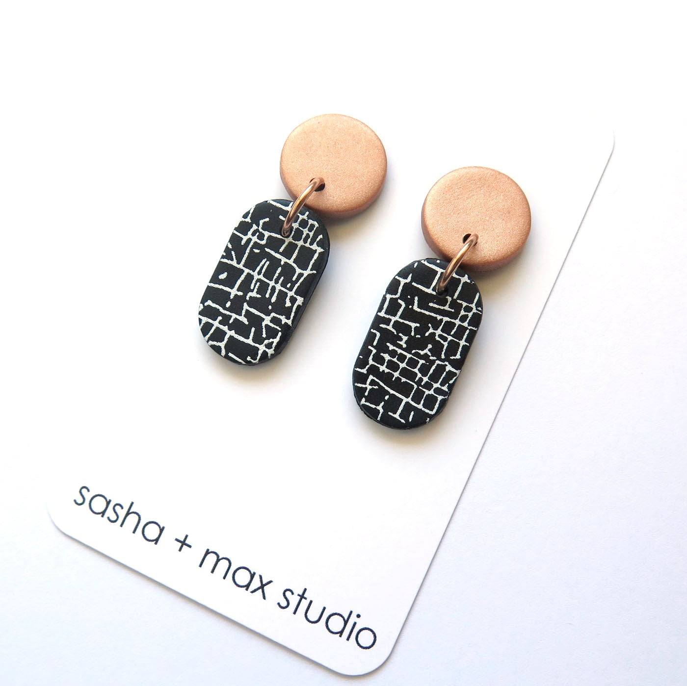 Crackle Black and White Statement Polymer Clay Earrings - Oval drop