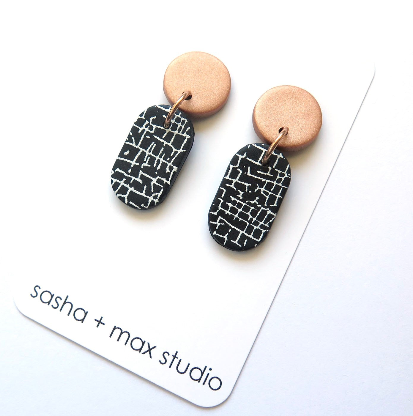 Crackle Black and White Statement Polymer Clay Earrings - Oval drop