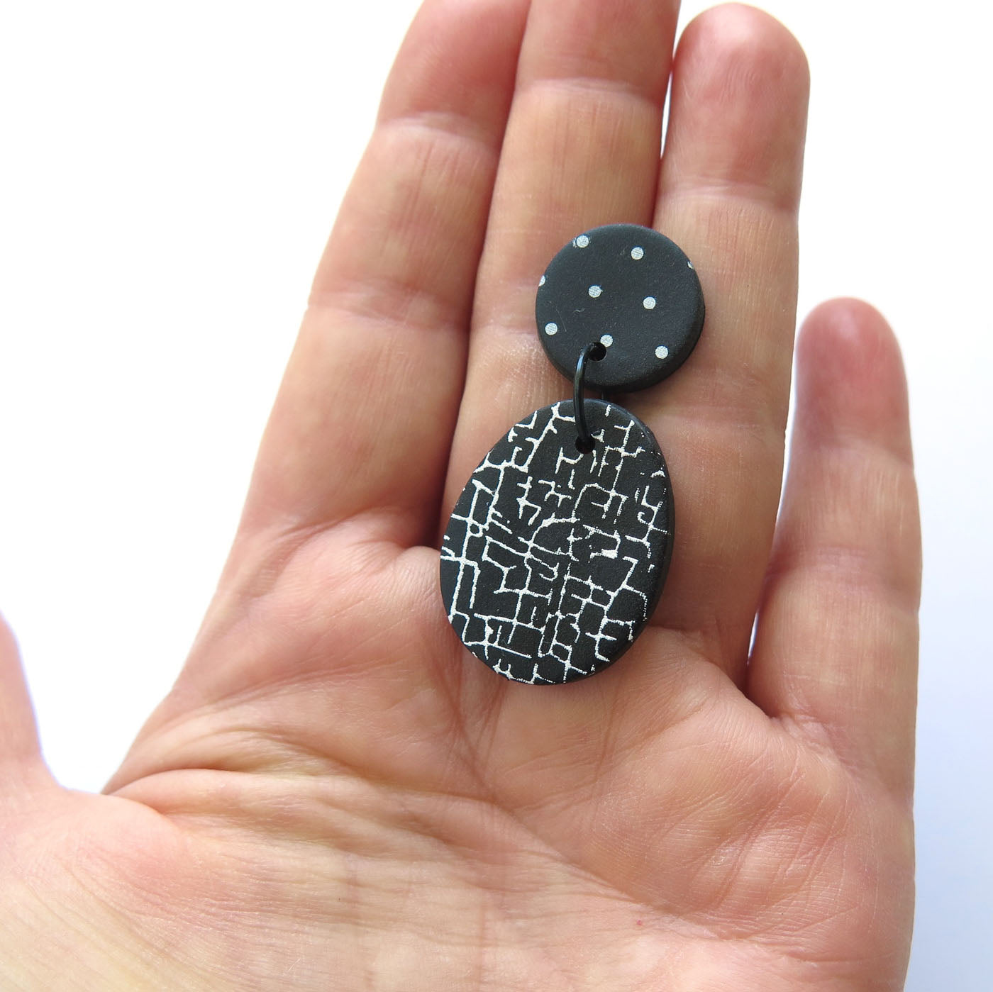 Crackle Black and White Statement Earrings - Egg drop -Polymer Clay