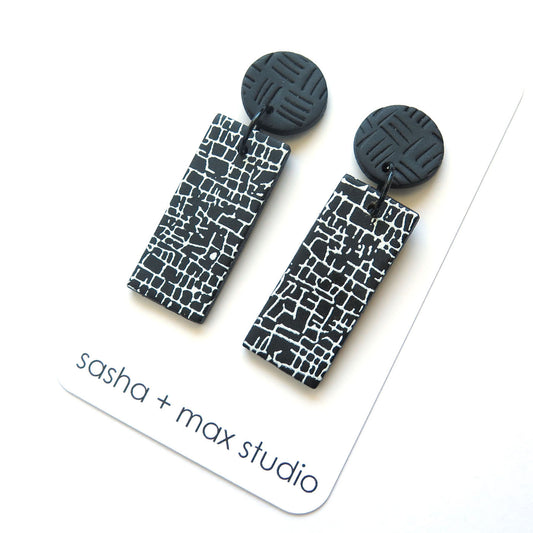 Crackle Black and White Statement Polymer Clay Earrings - Rectangle drop