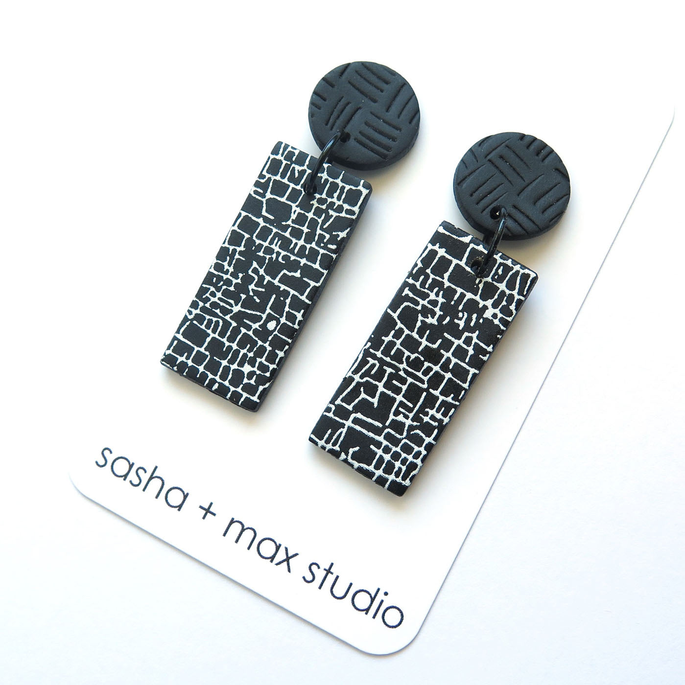 Crackle Black and White Statement Polymer Clay Earrings - Rectangle drop