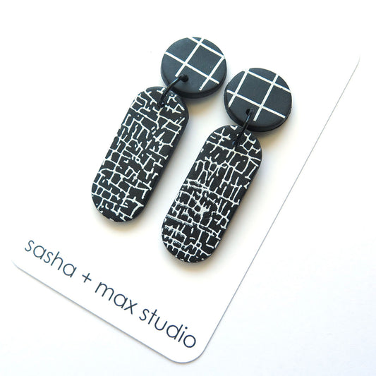 Crackle Black and White Statement Earrings - Tablet drop