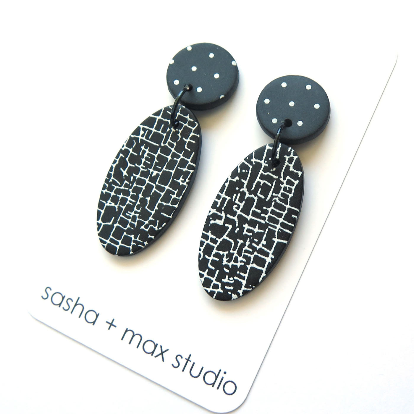 Crackle Black and White Statement Earrings - Large oval