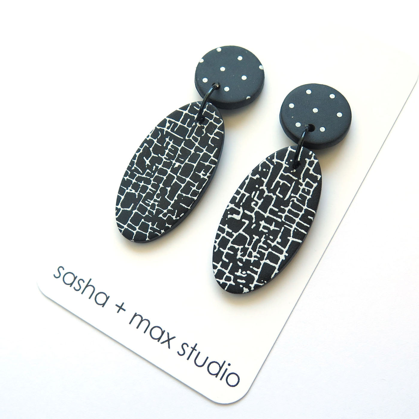 Crackle Black and White Statement Earrings - Large oval