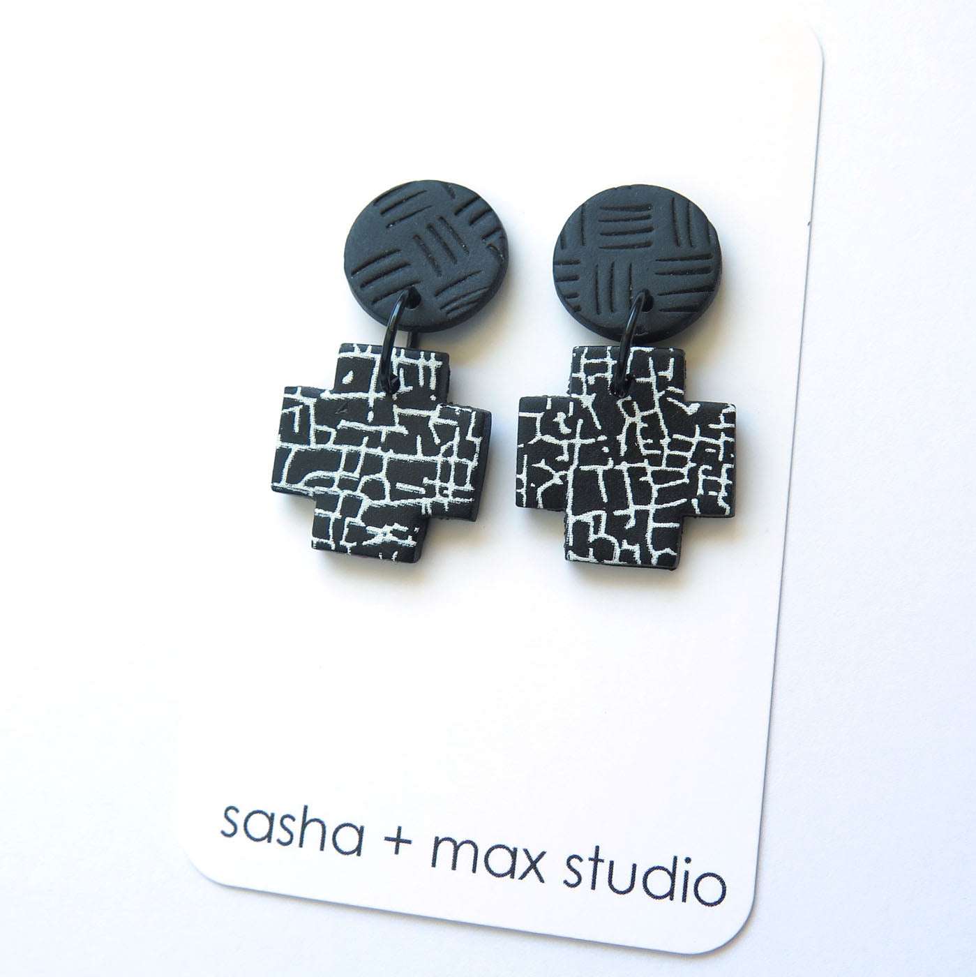 Crackle Black and White Statement Polymer Clay Earrings - Cross drop