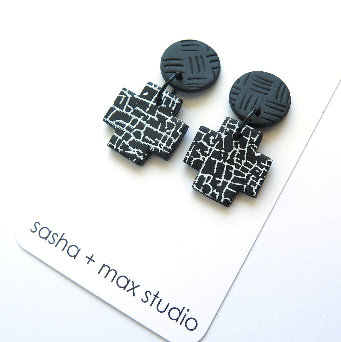 Crackle Black and White Statement Polymer Clay Earrings - Cross drop