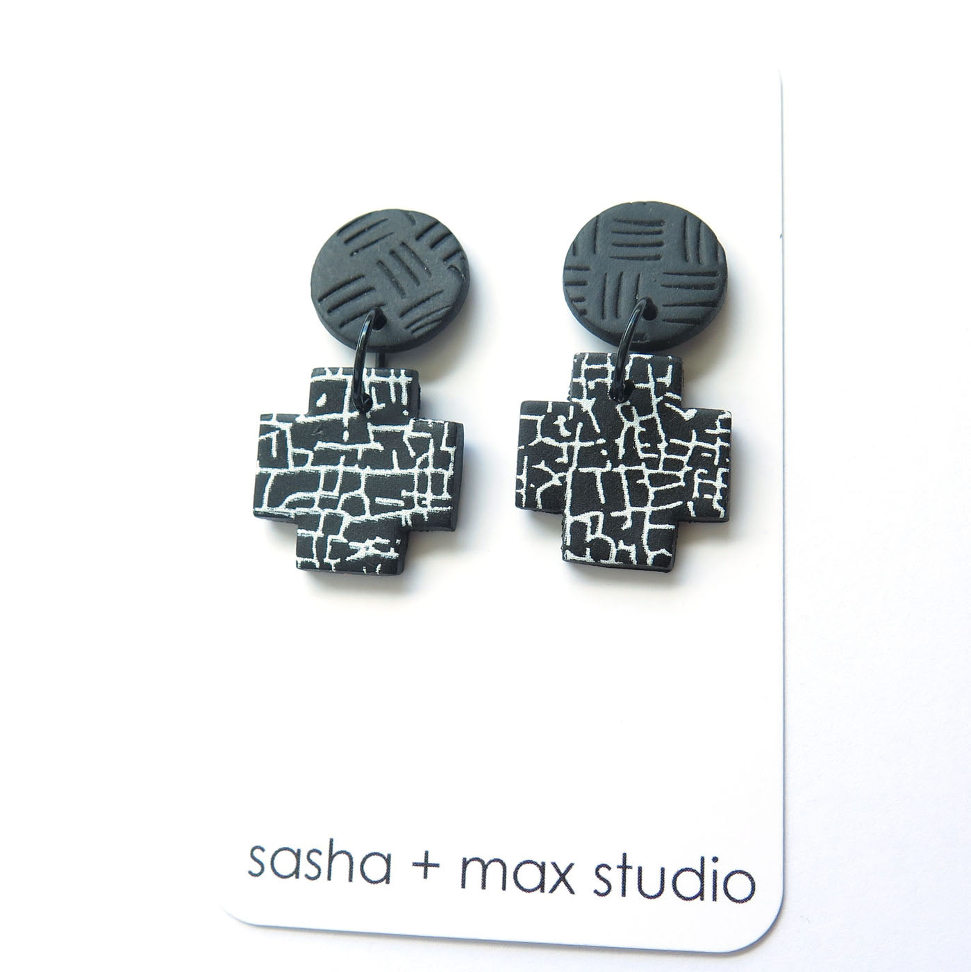 Crackle Black and White Statement Polymer Clay Earrings - Cross drop